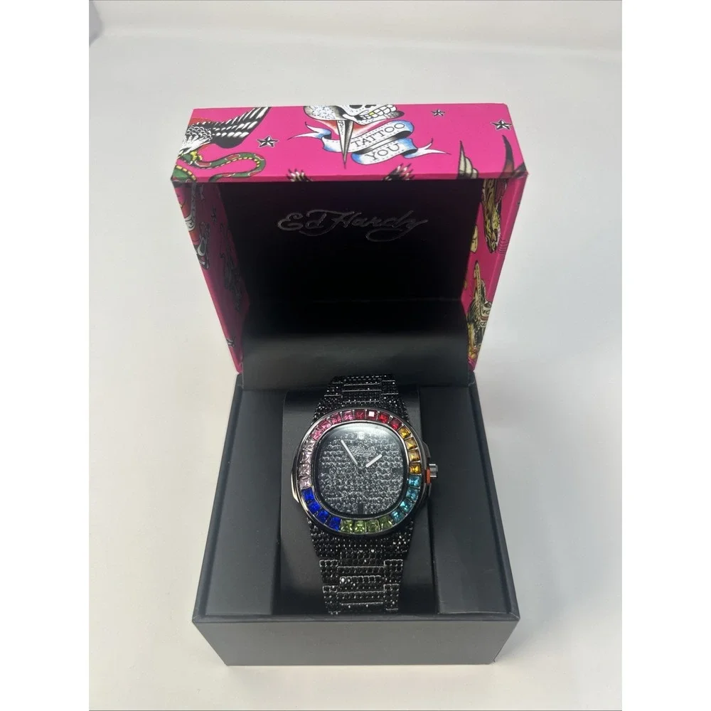 NIB Ed Hardy Women's Black Iced Out Watch Rainbow Crystal Bezel